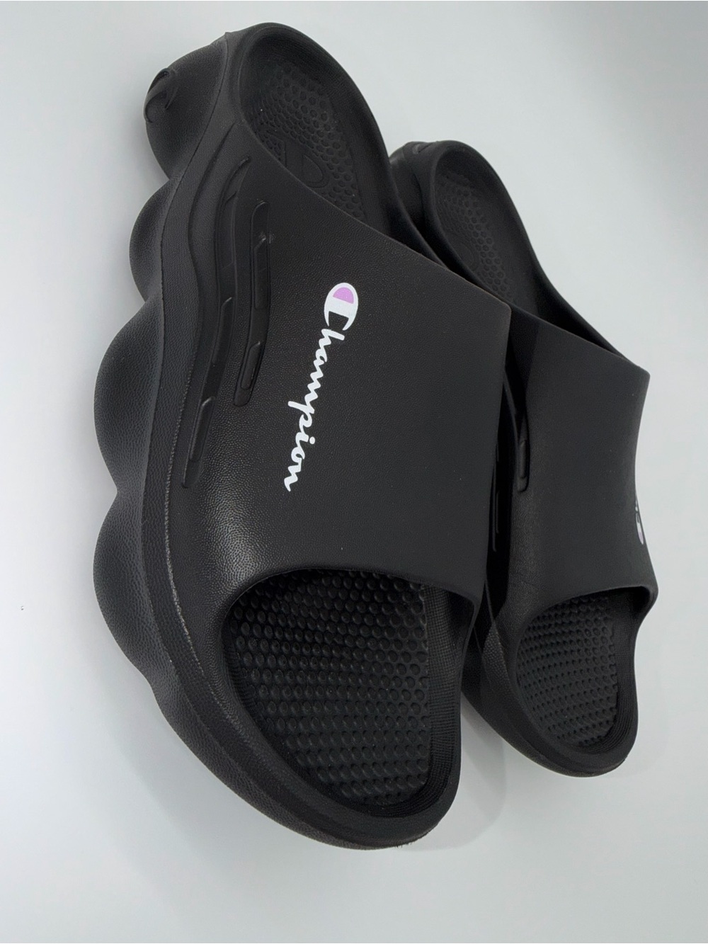 Champion Black Slide Sandals with White & Pink Logo